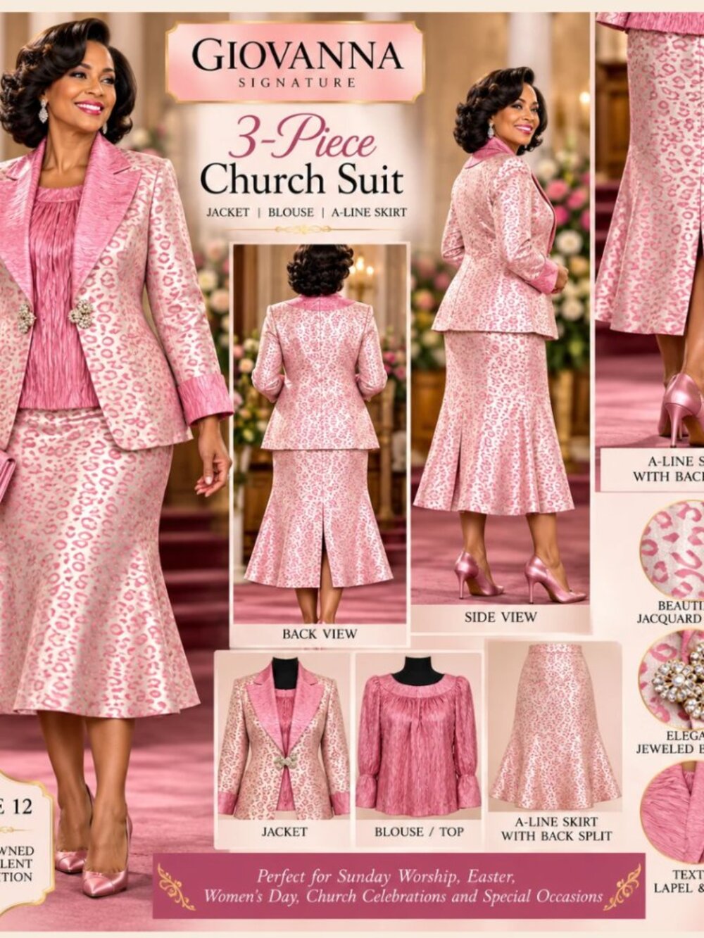 Giovanna  Women's 3-Piece Pink Cream Church Suit Size 12